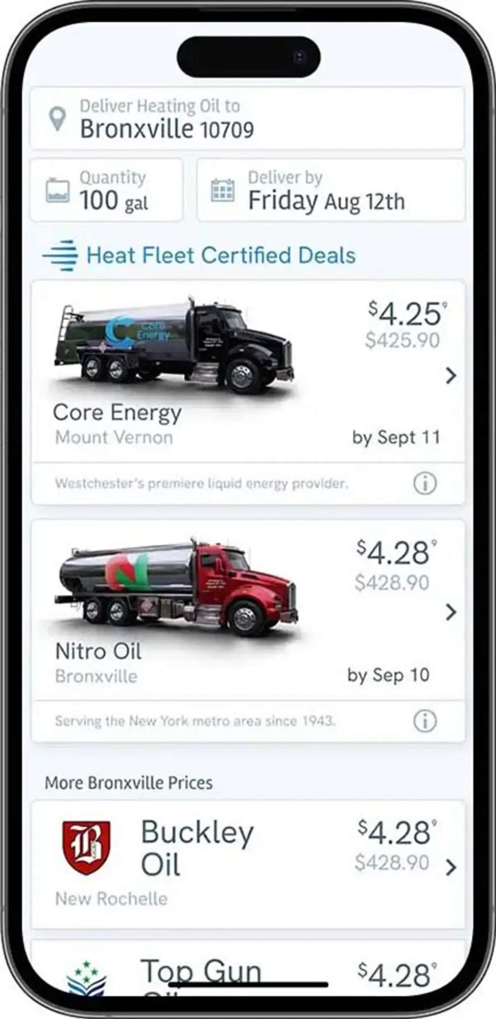 Screenshot of Heat Fleet select best price heating oil company page
