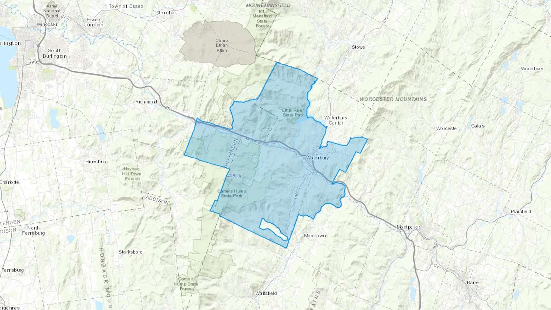 Waterbury, VT Cash heating Oil delivery map Map of the COD Fuel Oil delivery service area for Waterbury, VT