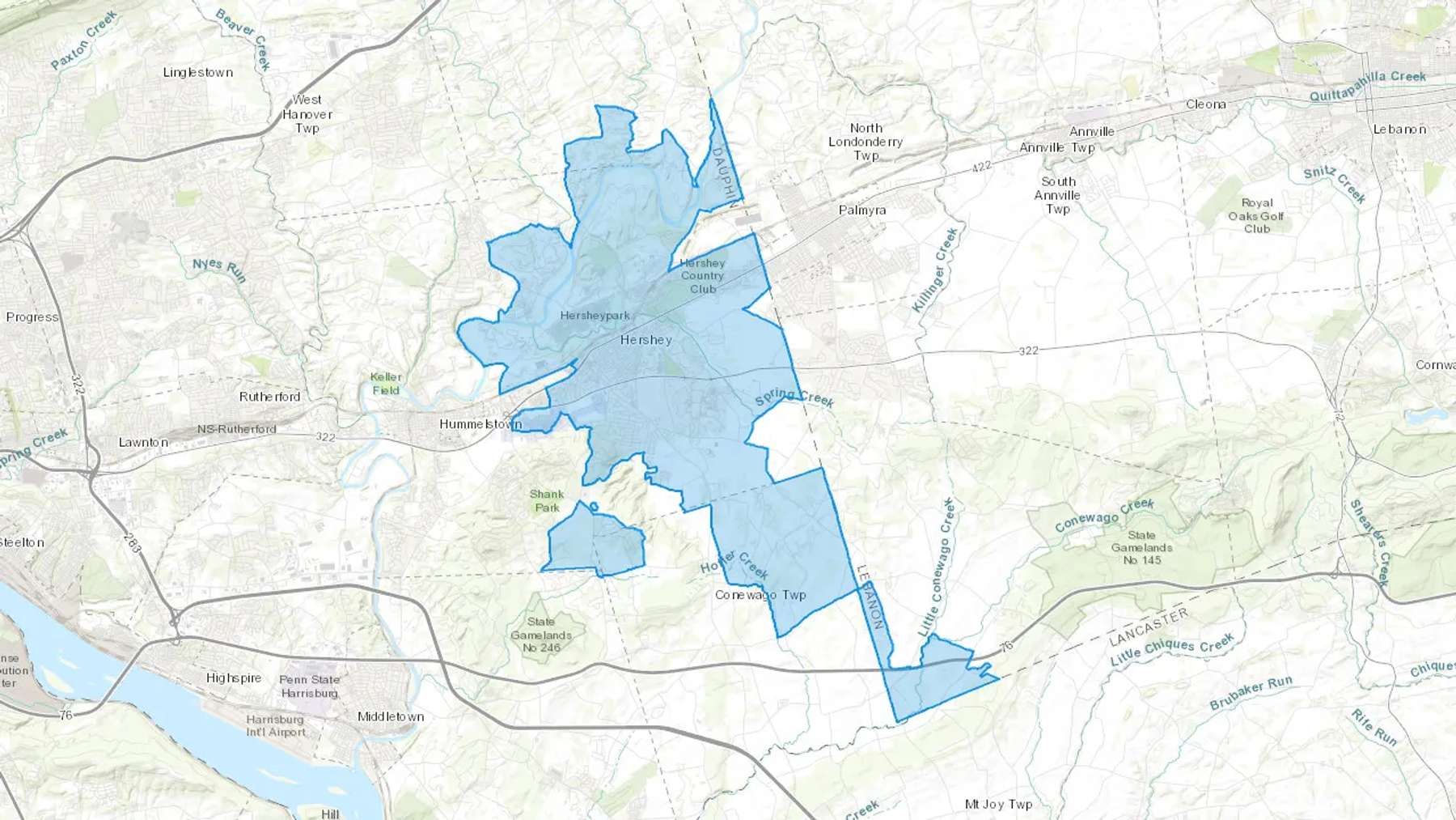 Hershey, PA Cash heating Oil delivery map Map of the COD Fuel Oil delivery service area for Hershey, PA