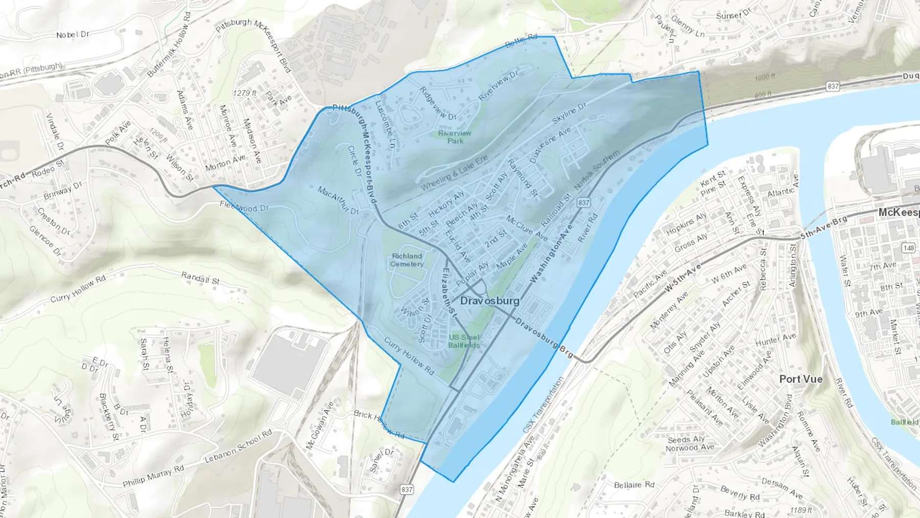 Dravosburg, PA Cash heating Oil delivery map Map of the COD Fuel Oil delivery service area for Dravosburg, PA
