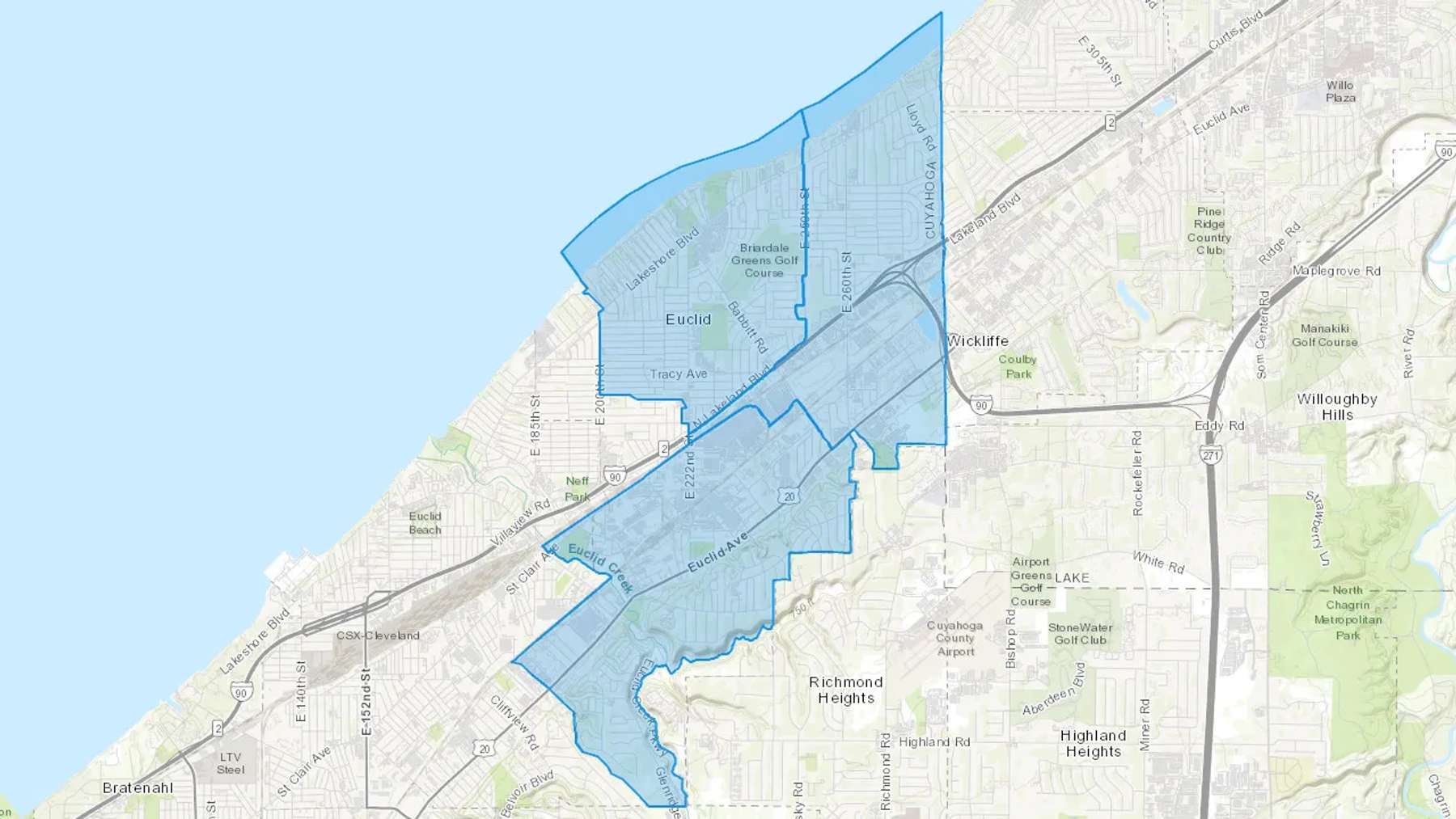 Euclid, OH Cash heating Oil delivery map Map of the COD Fuel Oil delivery service area for Euclid, OH