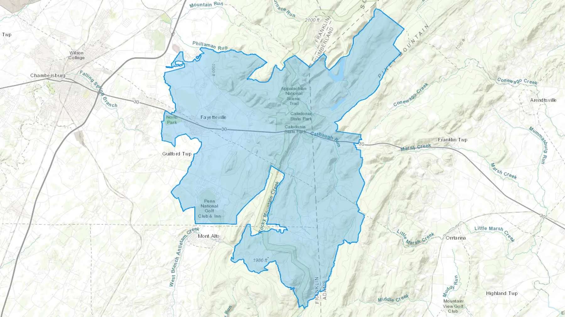 Fayetteville, PA Cash heating Oil delivery map Map of the COD Fuel Oil delivery service area for Fayetteville, PA