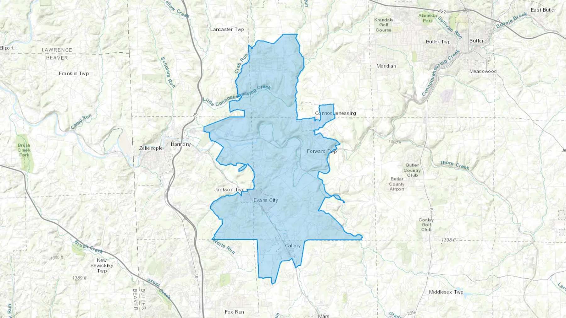 Evans City, PA Cash heating Oil delivery map Map of the COD Fuel Oil delivery service area for Evans City, PA