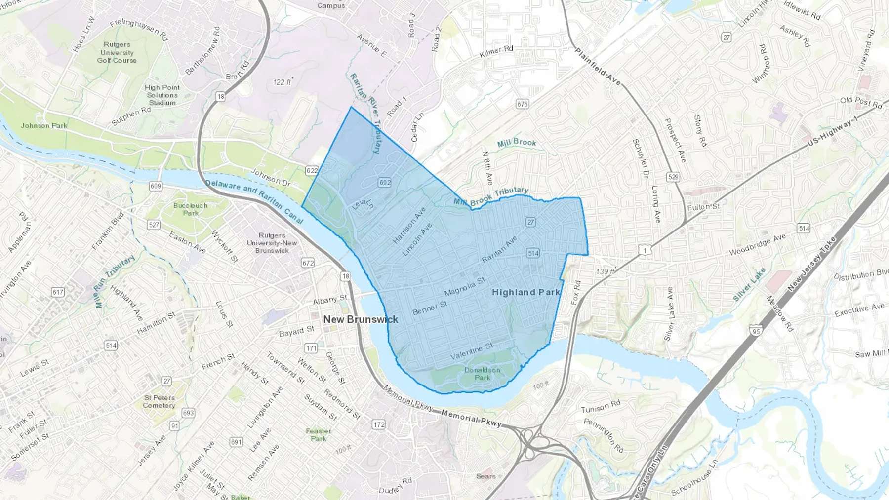 Highland Park, NJ Cash heating Oil delivery map Map of the COD Fuel Oil delivery service area for Highland Park, NJ