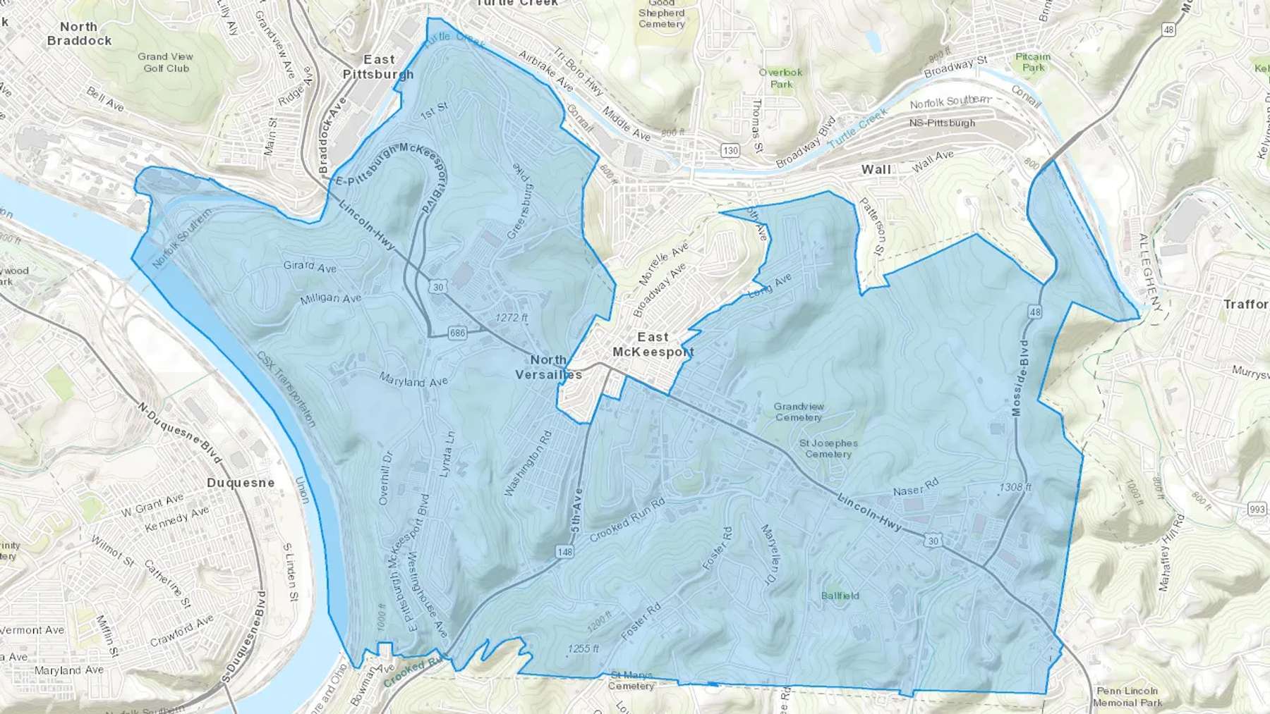 North Versailles, PA Cash heating Oil delivery map Map of the COD Fuel Oil delivery service area for North Versailles, PA