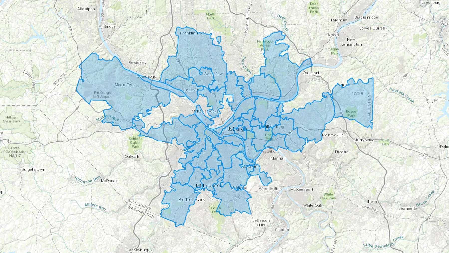 Pittsburgh, PA Cash heating Oil delivery map Map of the COD Fuel Oil delivery service area for Pittsburgh, PA