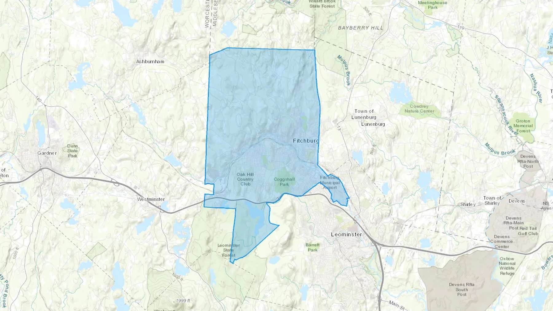 Fitchburg, MA Cash heating Oil delivery map Map of the COD Fuel Oil delivery service area for Fitchburg, MA