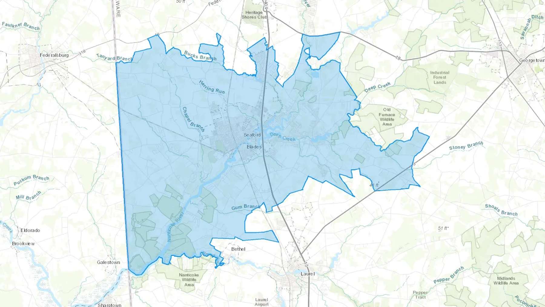Seaford, DE Cash heating Oil delivery map Map of the COD Fuel Oil delivery service area for Seaford, DE