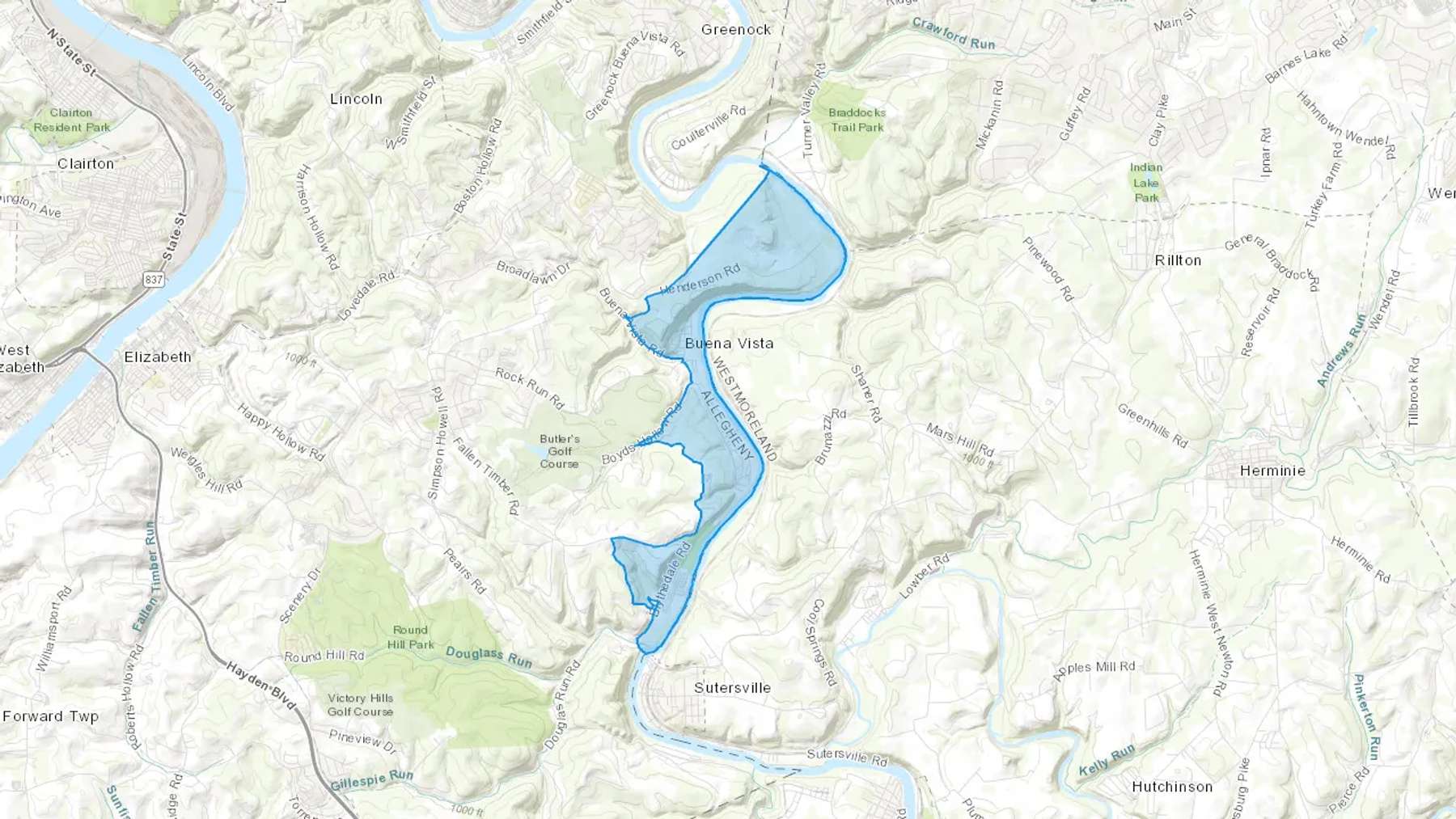 Buena Vista, PA Cash heating Oil delivery map Map of the COD Fuel Oil delivery service area for Buena Vista, PA