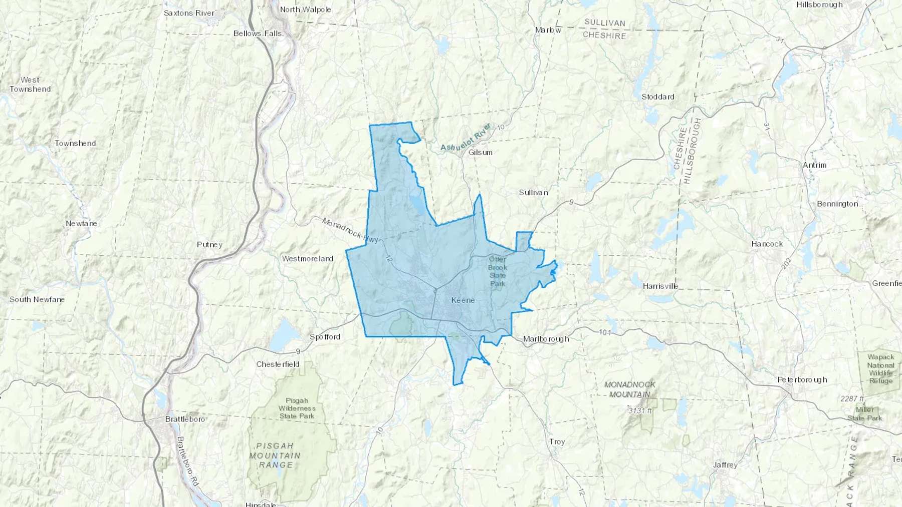 Keene, NH Cash heating Oil delivery map Map of the COD Fuel Oil delivery service area for Keene, NH