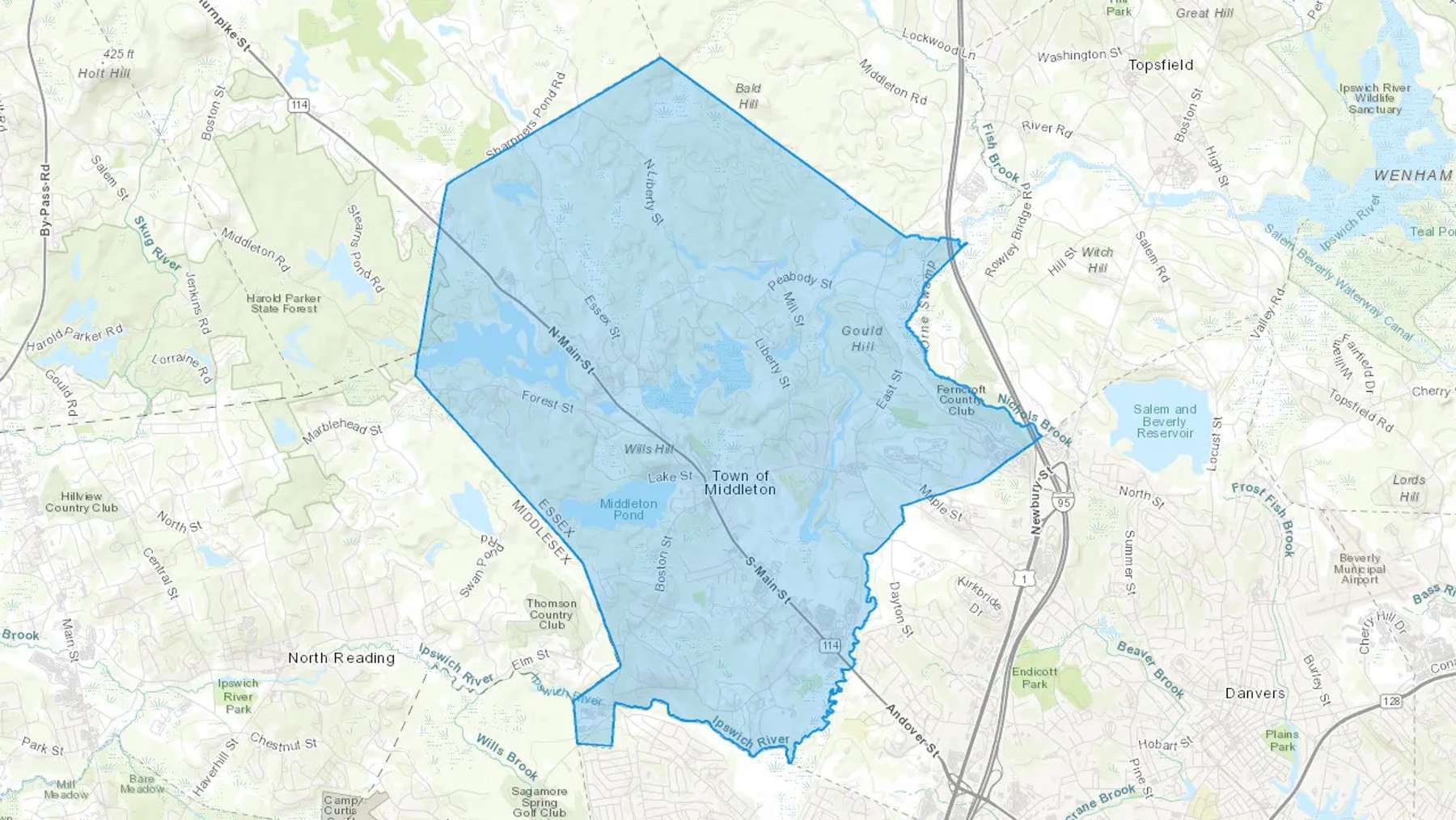 Middleton, MA Cash heating Oil delivery map Map of the COD Fuel Oil delivery service area for Middleton, MA