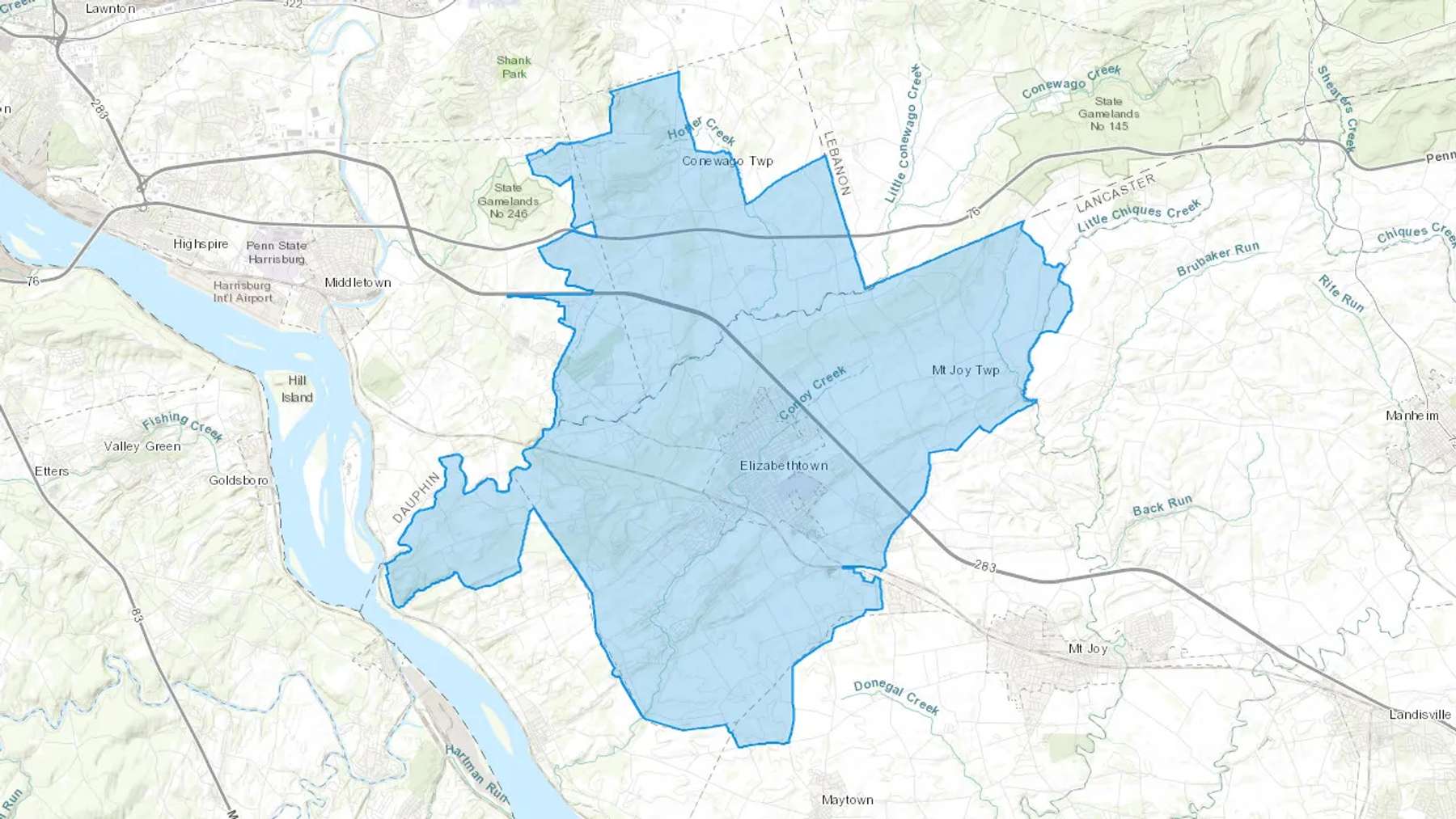 Elizabethtown, PA Cash heating Oil delivery map Map of the COD Fuel Oil delivery service area for Elizabethtown, PA