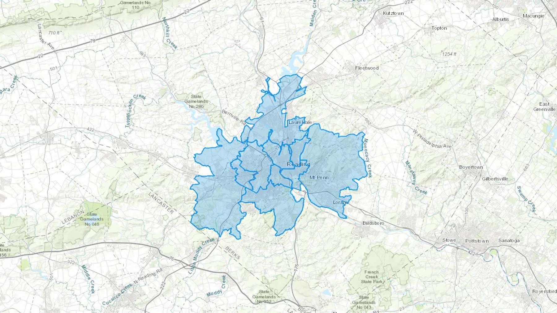 Reading, PA Cash heating Oil delivery map Map of the COD Fuel Oil delivery service area for Reading, PA