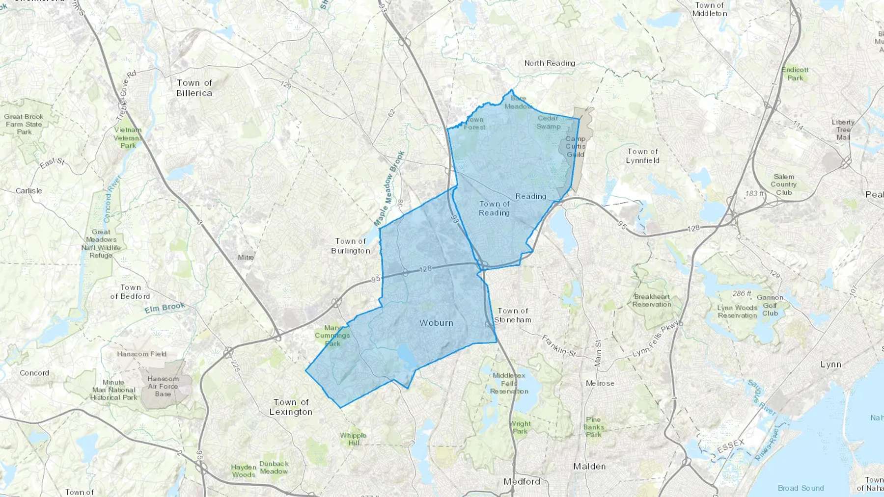 Woburn, MA Cash heating Oil delivery map Map of the COD Fuel Oil delivery service area for Woburn, MA