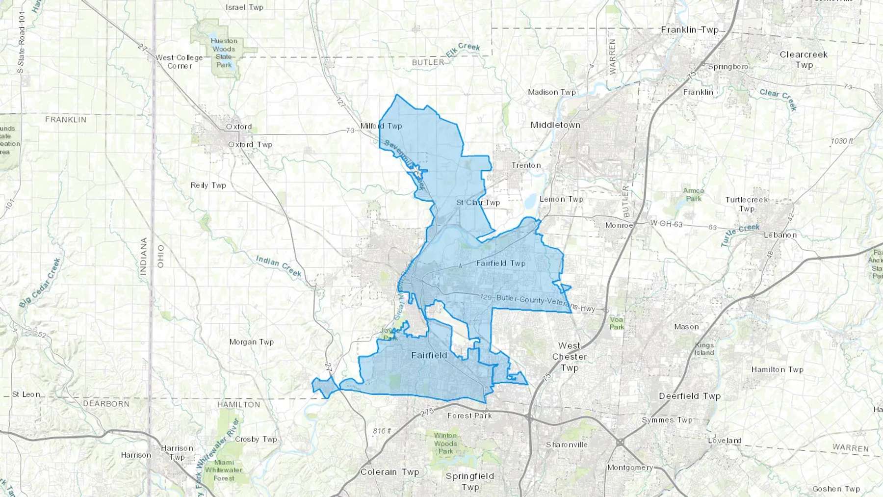 Fairfield, OH Cash heating Oil delivery map Map of the COD Fuel Oil delivery service area for Fairfield, OH