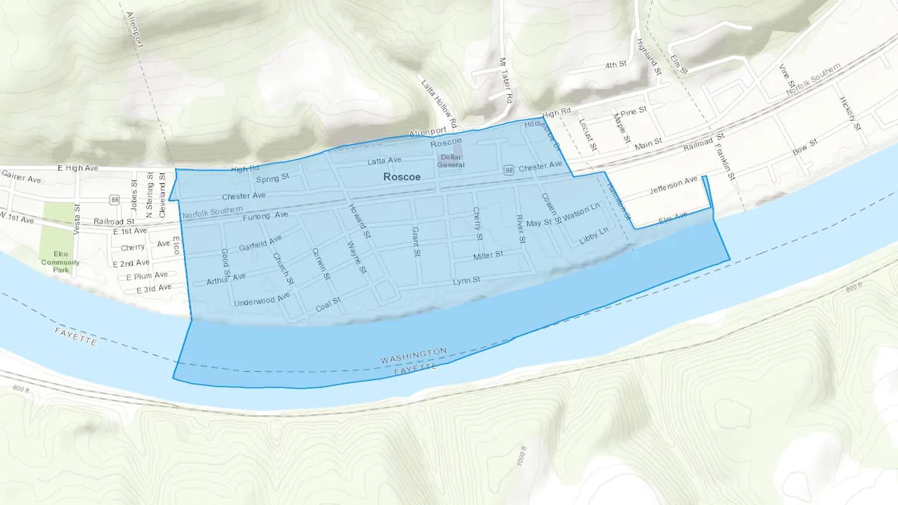Roscoe, PA Cash heating Oil delivery map Map of the COD Fuel Oil delivery service area for Roscoe, PA