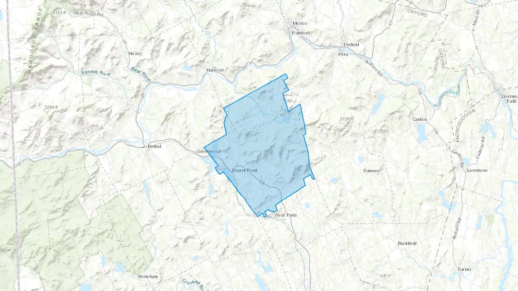 Bryant Pond, ME Cash heating Oil delivery map Map of the COD Fuel Oil delivery service area for Bryant Pond, ME