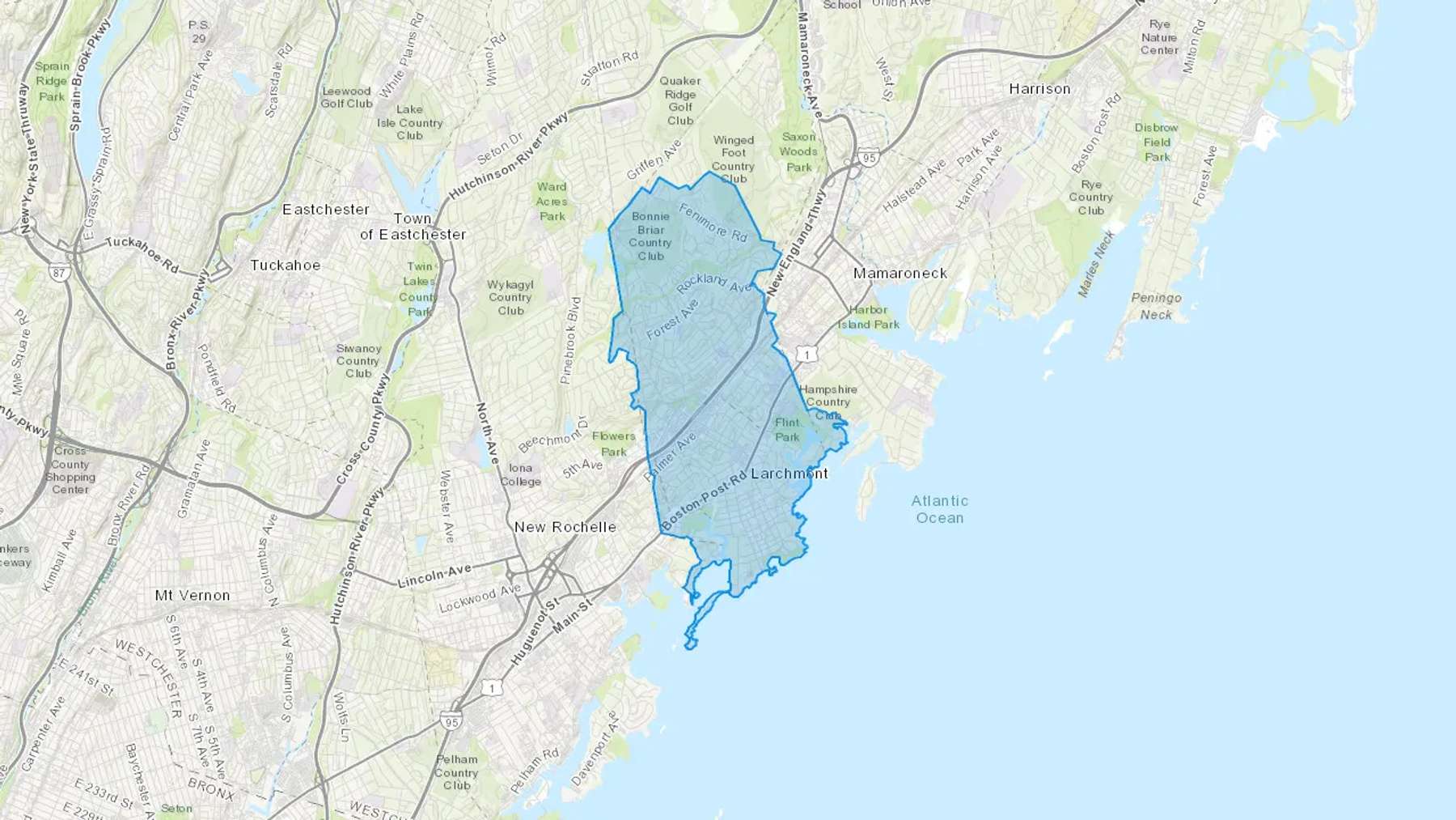 Larchmont, NY Cash heating Oil delivery map Map of the COD Fuel Oil delivery service area for Larchmont, NY