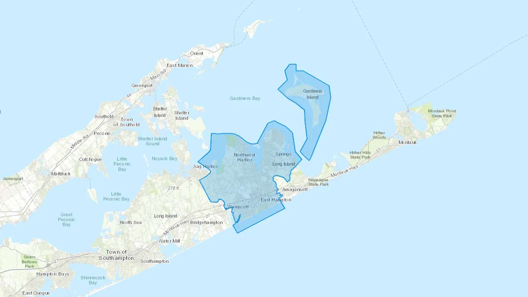 East Hampton, NY Cash heating Oil delivery map Map of the COD Fuel Oil delivery service area for East Hampton, NY