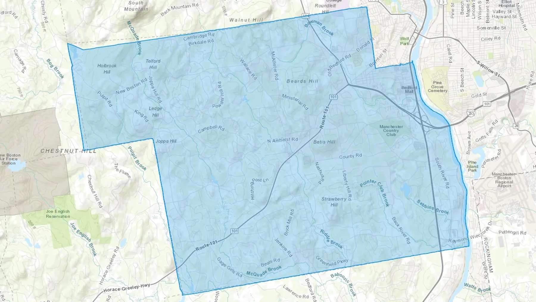 Bedford, NH Cash heating Oil delivery map Map of the COD Fuel Oil delivery service area for Bedford, NH