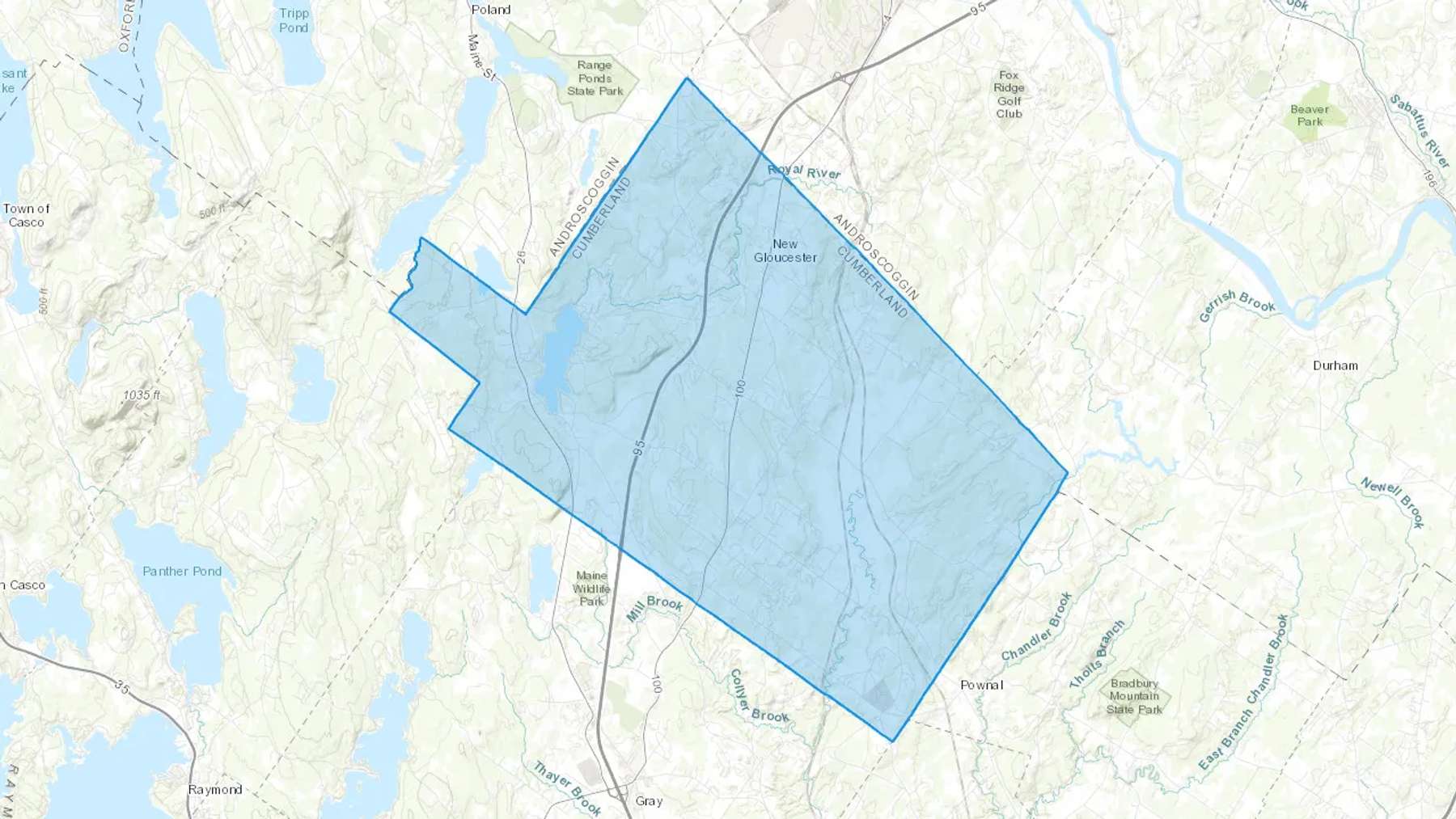 New Gloucester, ME Cash heating Oil delivery map Map of the COD Fuel Oil delivery service area for New Gloucester, ME