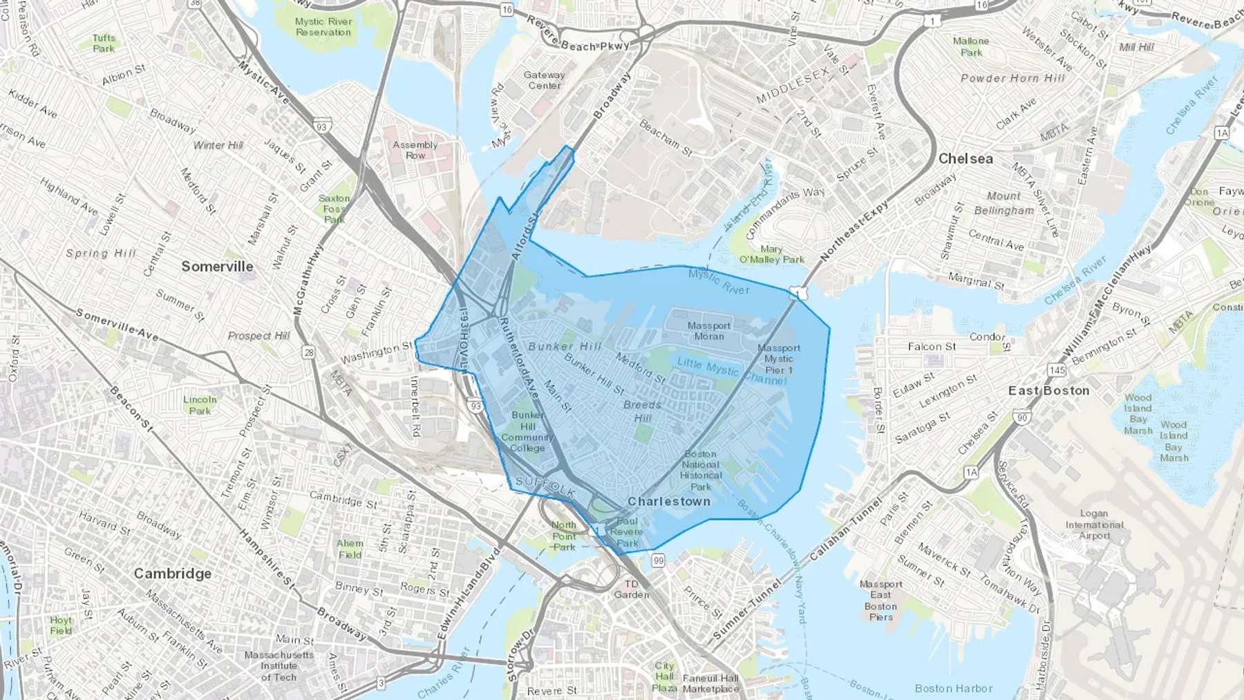 Charlestown, MA Cash heating Oil delivery map Map of the COD Fuel Oil delivery service area for Charlestown, MA