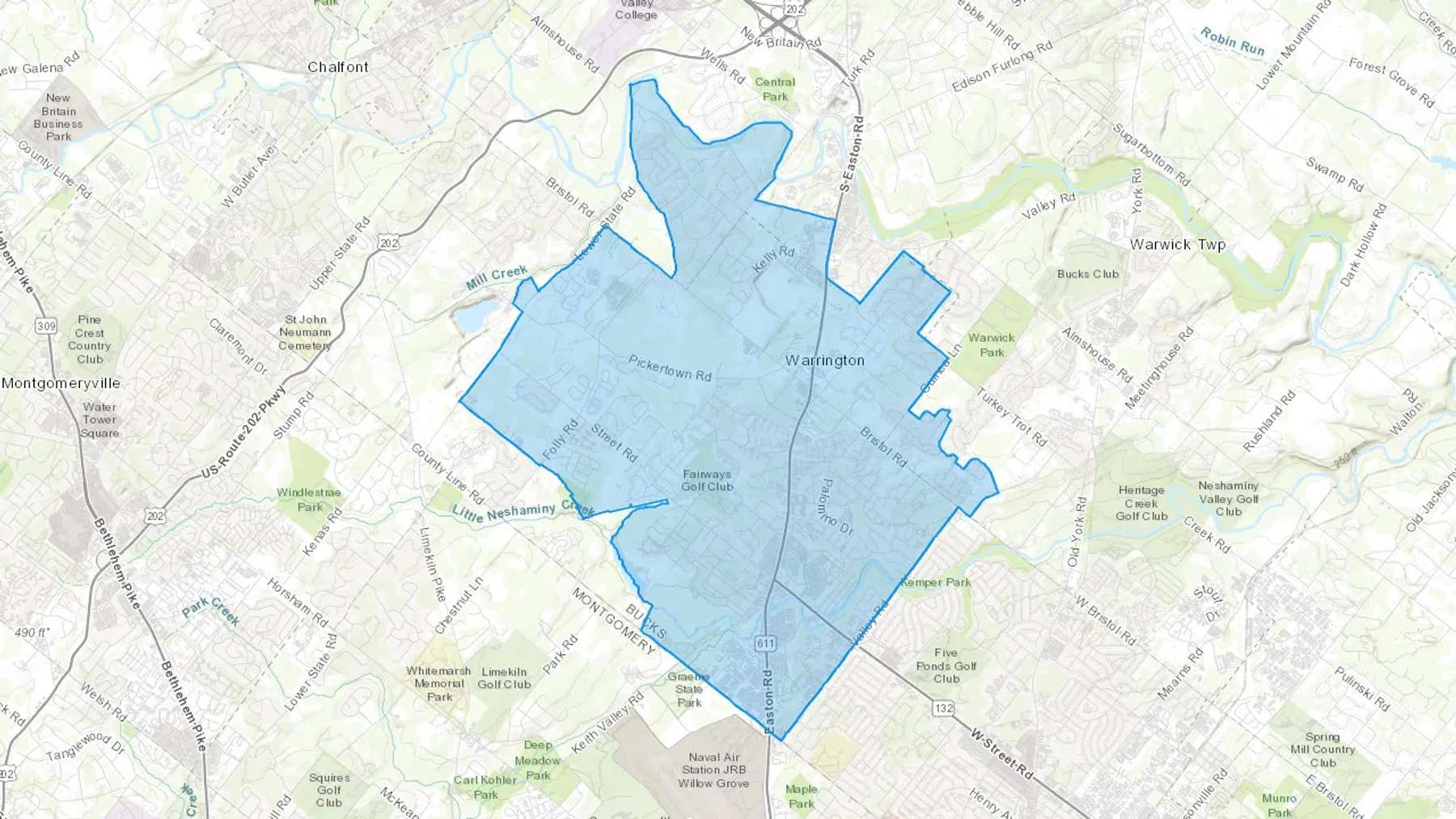 Warrington, PA Cash heating Oil delivery map Map of the COD Fuel Oil delivery service area for Warrington, PA