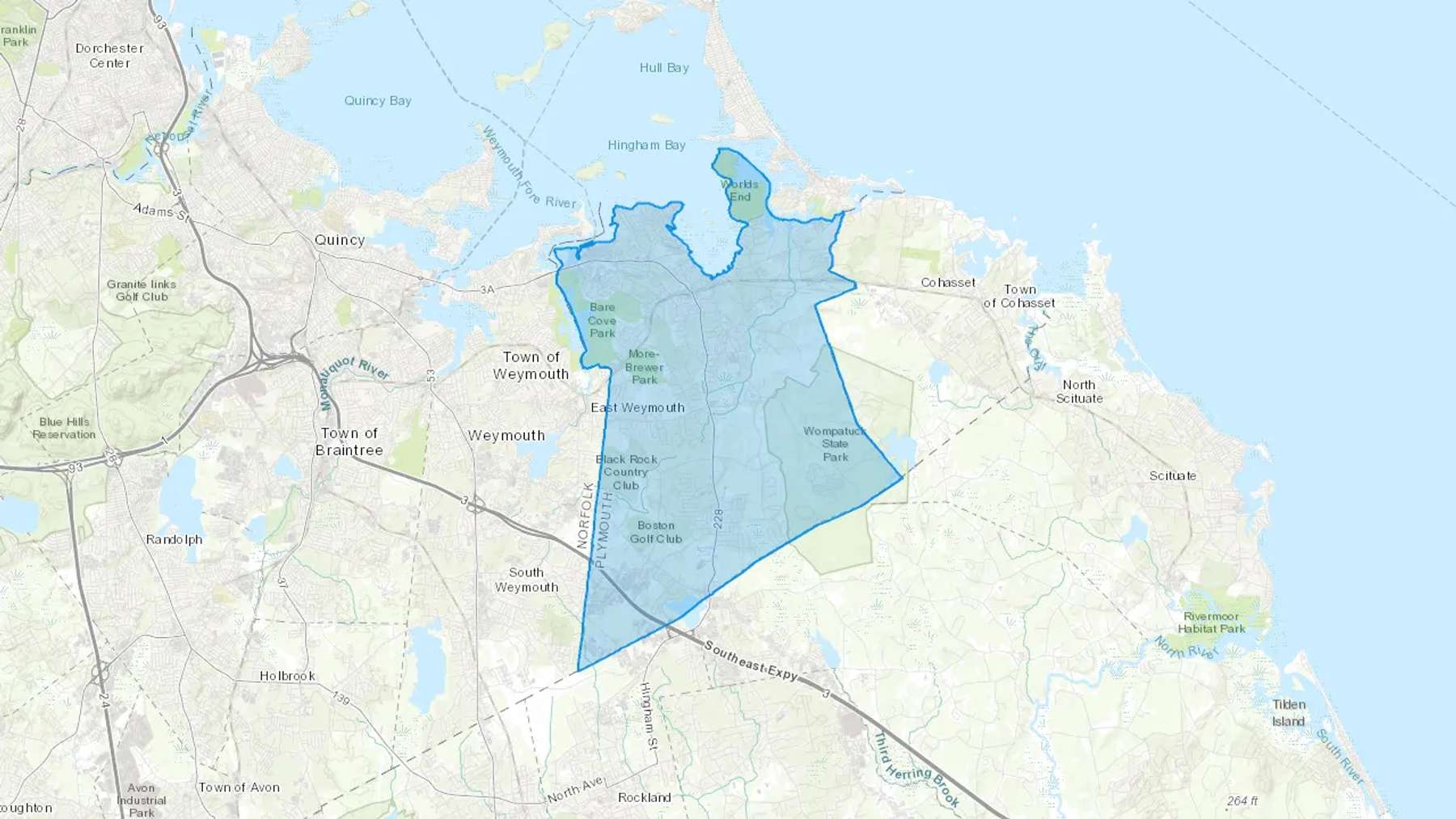 Hingham, MA Cash heating Oil delivery map Map of the COD Fuel Oil delivery service area for Hingham, MA