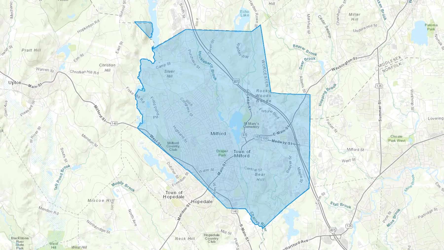 Milford, MA Cash heating Oil delivery map Map of the COD Fuel Oil delivery service area for Milford, MA
