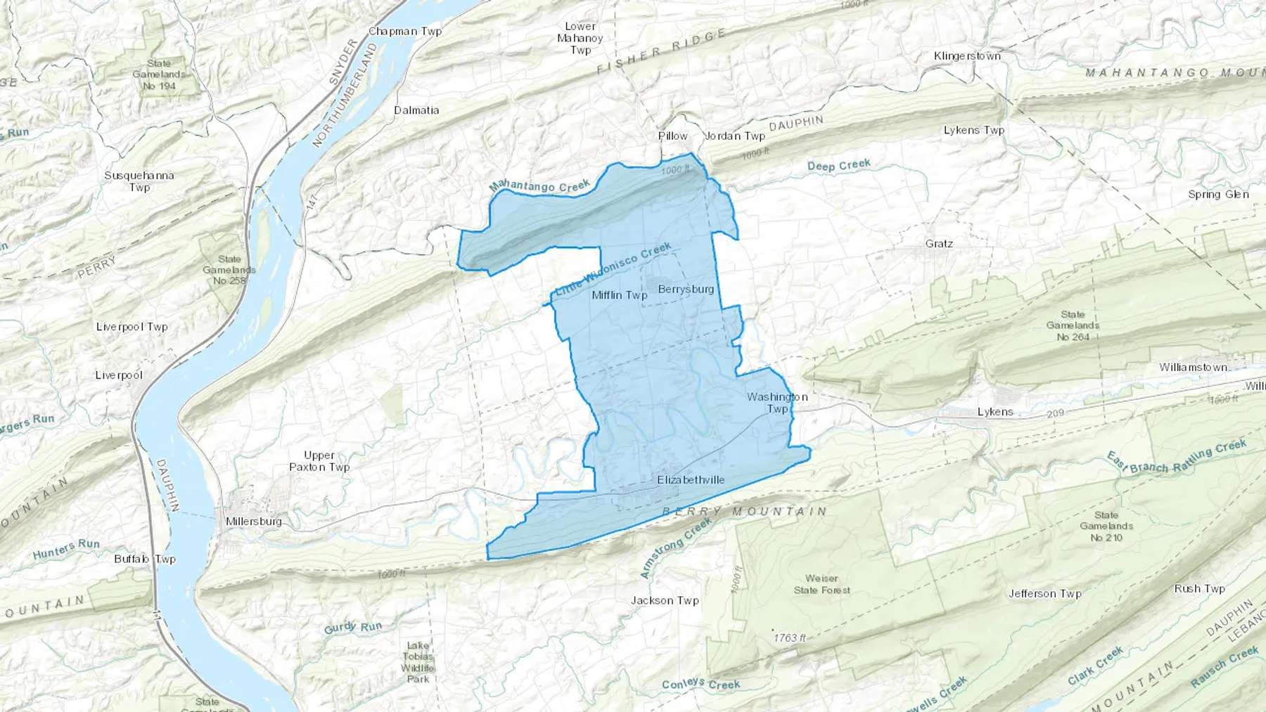 Elizabethville, PA Cash heating Oil delivery map Map of the COD Fuel Oil delivery service area for Elizabethville, PA