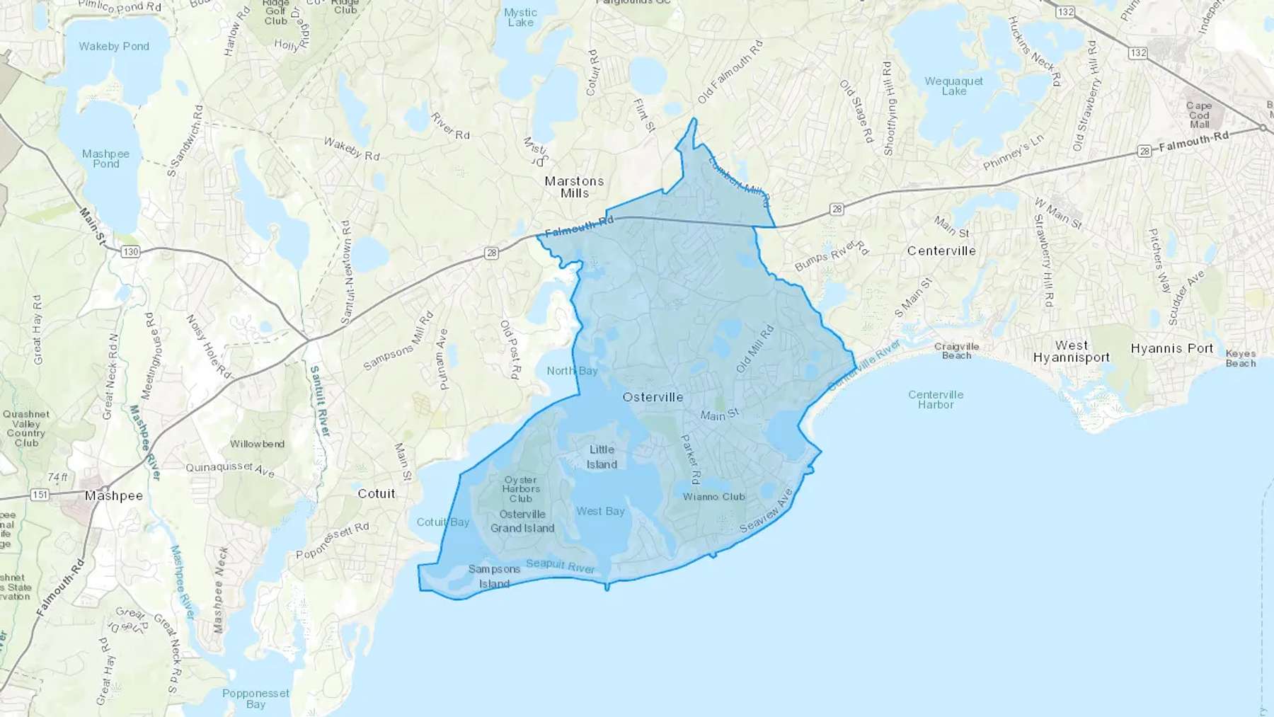 Osterville, MA Cash heating Oil delivery map Map of the COD Fuel Oil delivery service area for Osterville, MA