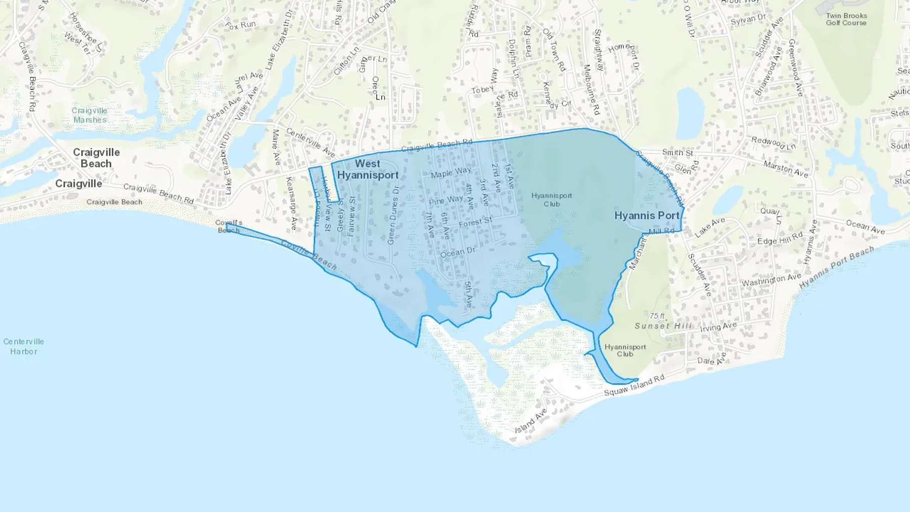 West Hyannisport, MA Cash heating Oil delivery map Map of the COD Fuel Oil delivery service area for West Hyannisport, MA