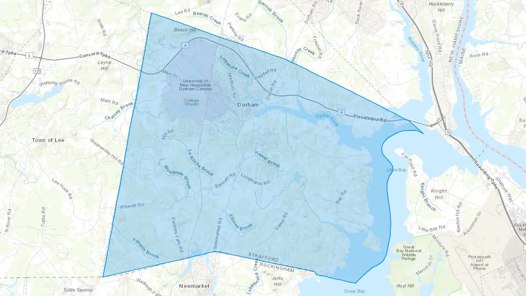 Durham, NH Cash heating Oil delivery map Map of the COD Fuel Oil delivery service area for Durham, NH