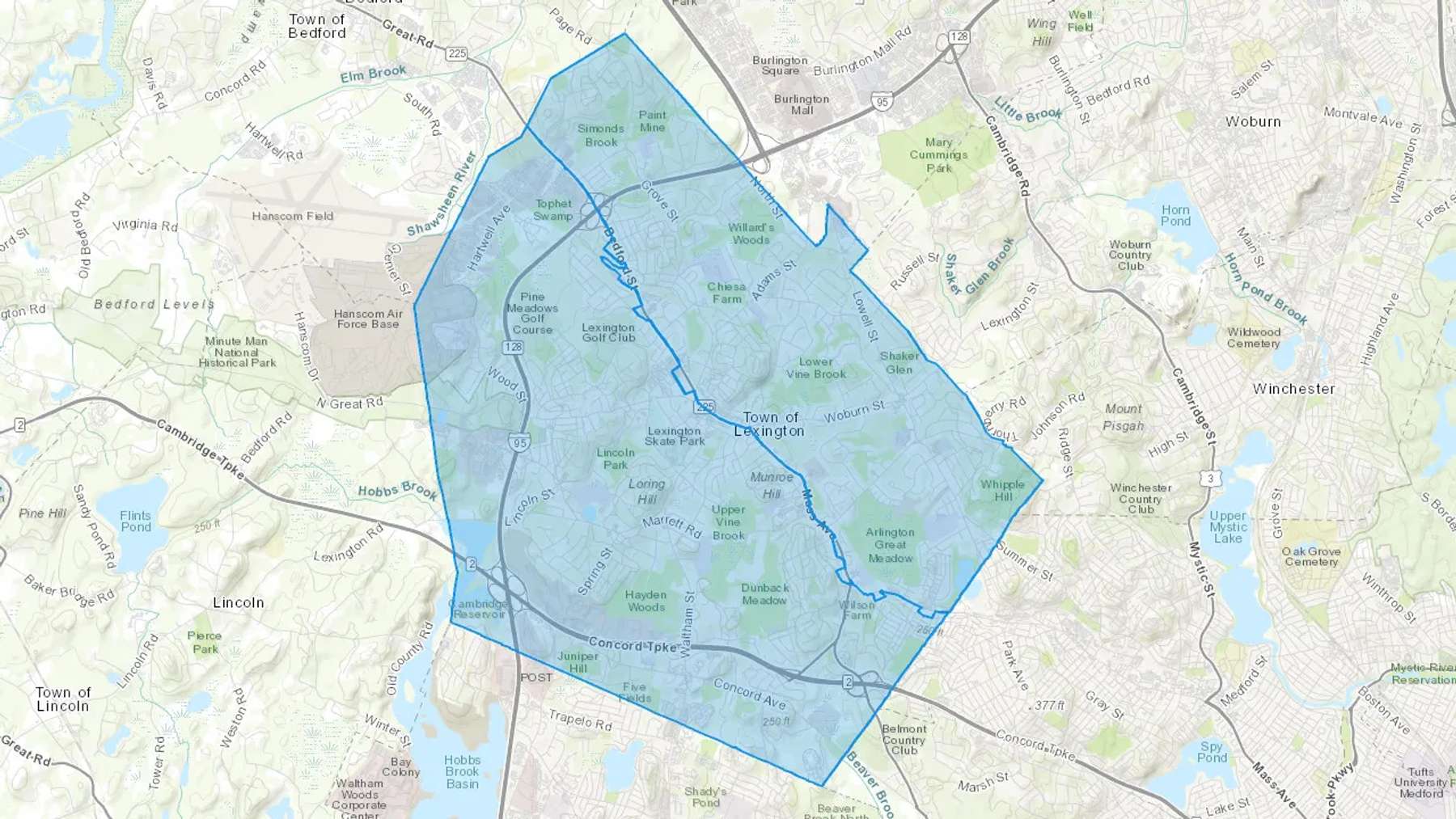 Lexington, MA Cash heating Oil delivery map Map of the COD Fuel Oil delivery service area for Lexington, MA