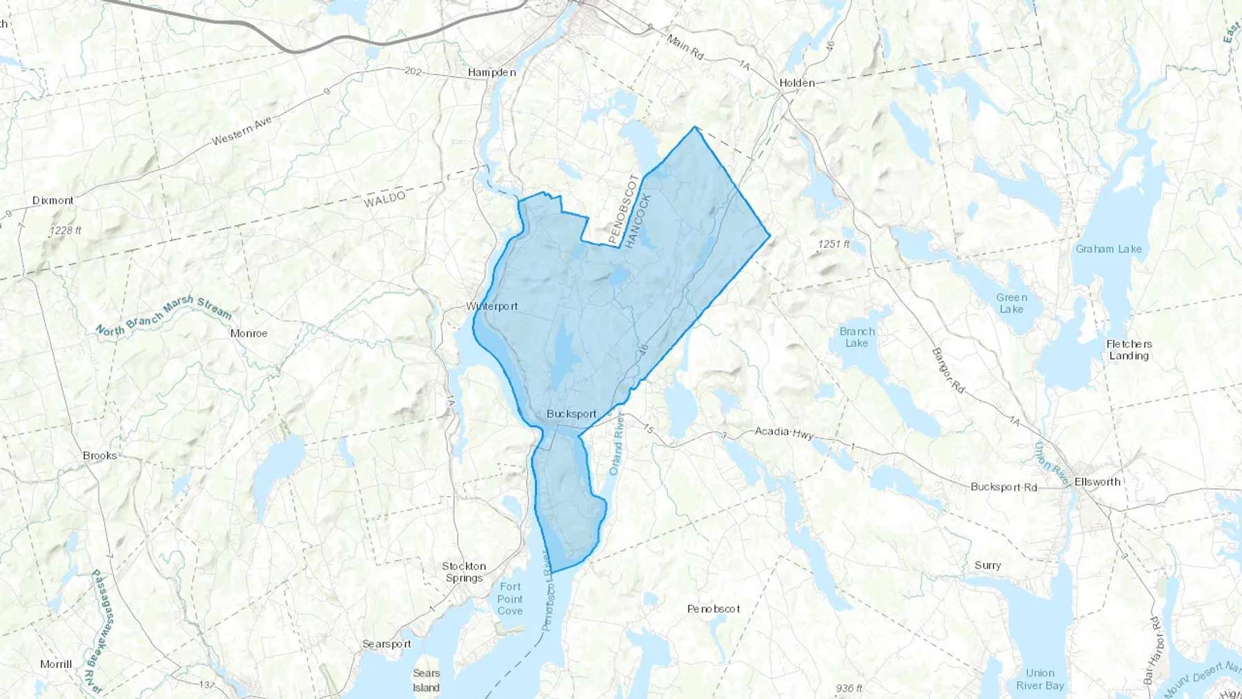 Bucksport, ME Cash heating Oil delivery map Map of the COD Fuel Oil delivery service area for Bucksport, ME