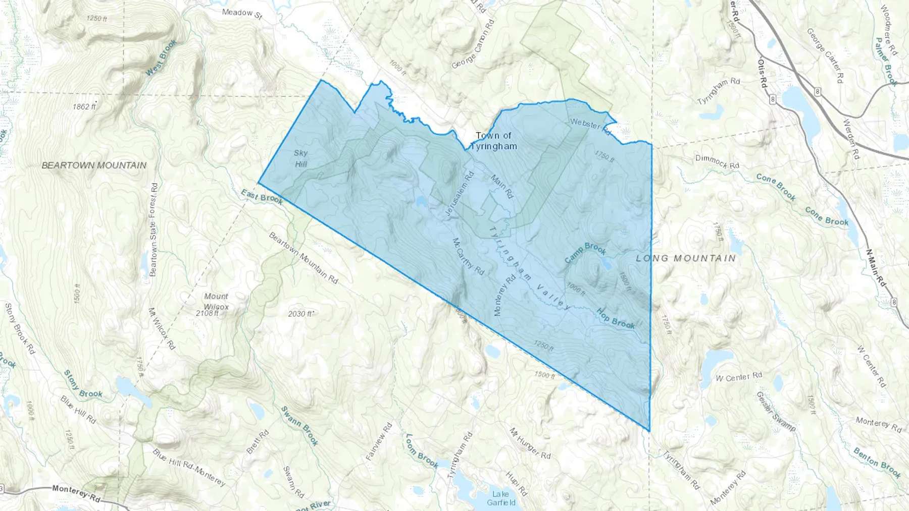 Tyringham, MA Cash heating Oil delivery map Map of the COD Fuel Oil delivery service area for Tyringham, MA