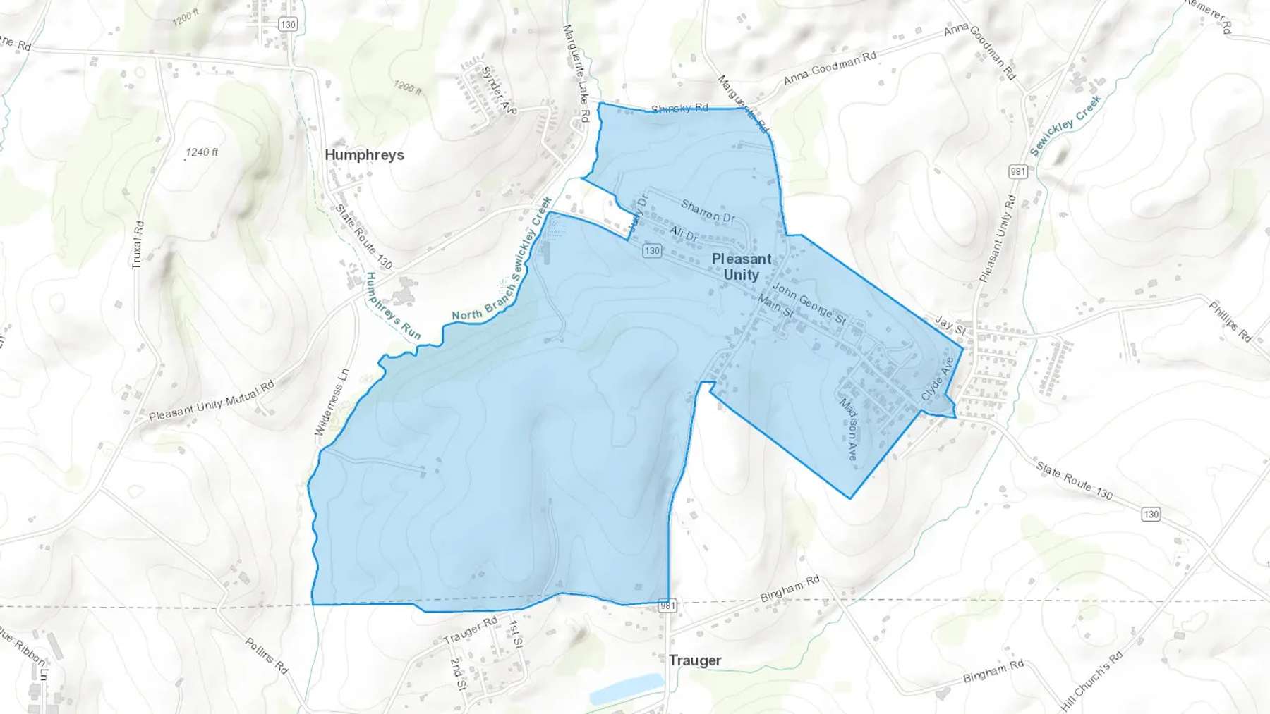 Pleasant Unity, PA Cash heating Oil delivery map Map of the COD Fuel Oil delivery service area for Pleasant Unity, PA