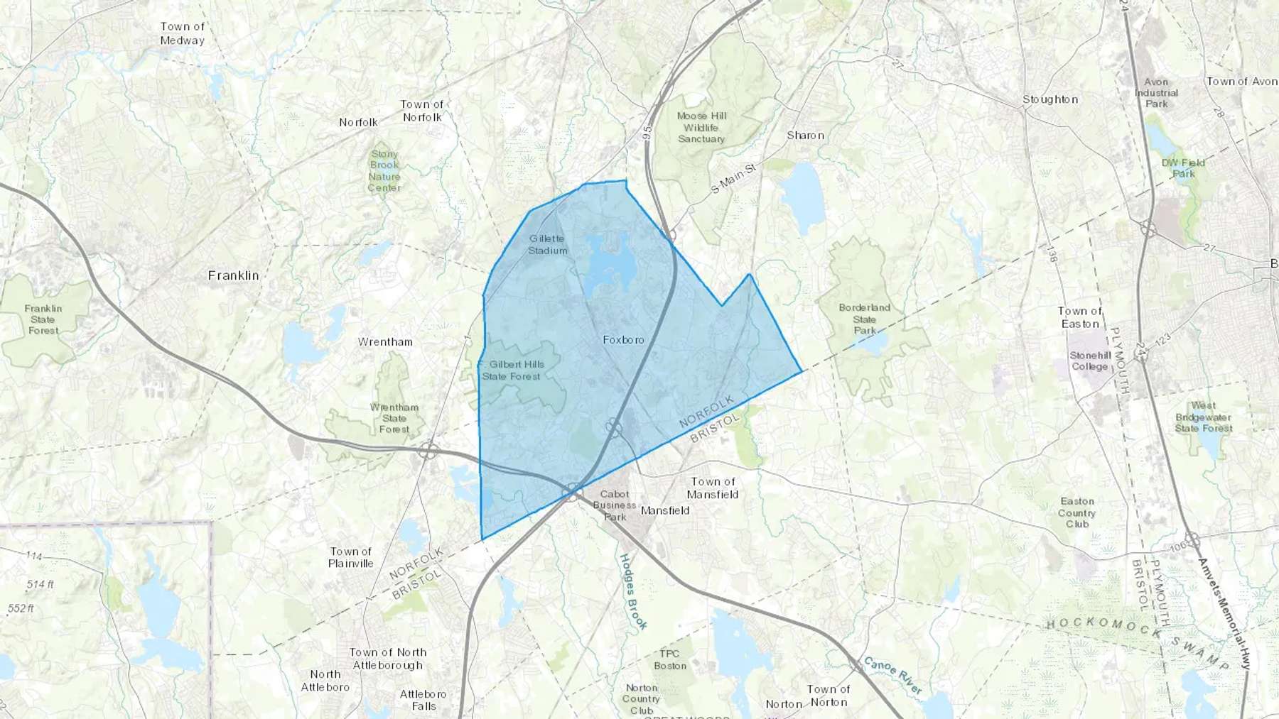 Foxboro, MA Cash heating Oil delivery map Map of the COD Fuel Oil delivery service area for Foxboro, MA
