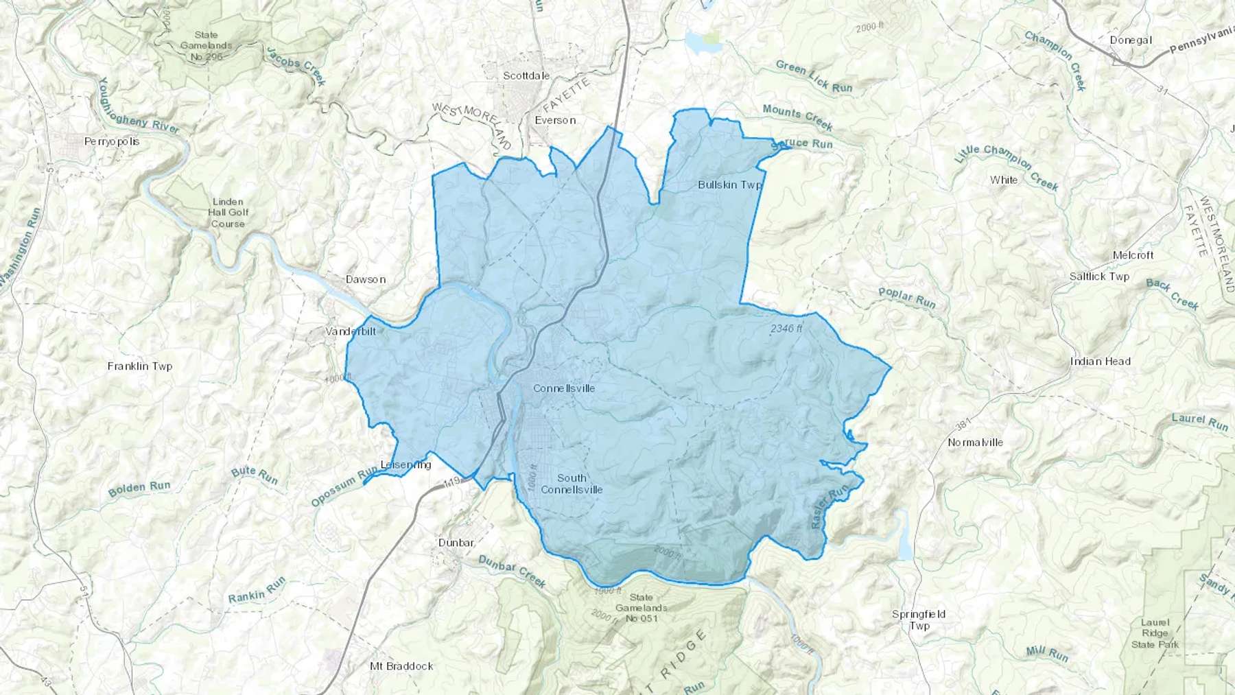 Connellsville, PA Cash heating Oil delivery map Map of the COD Fuel Oil delivery service area for Connellsville, PA
