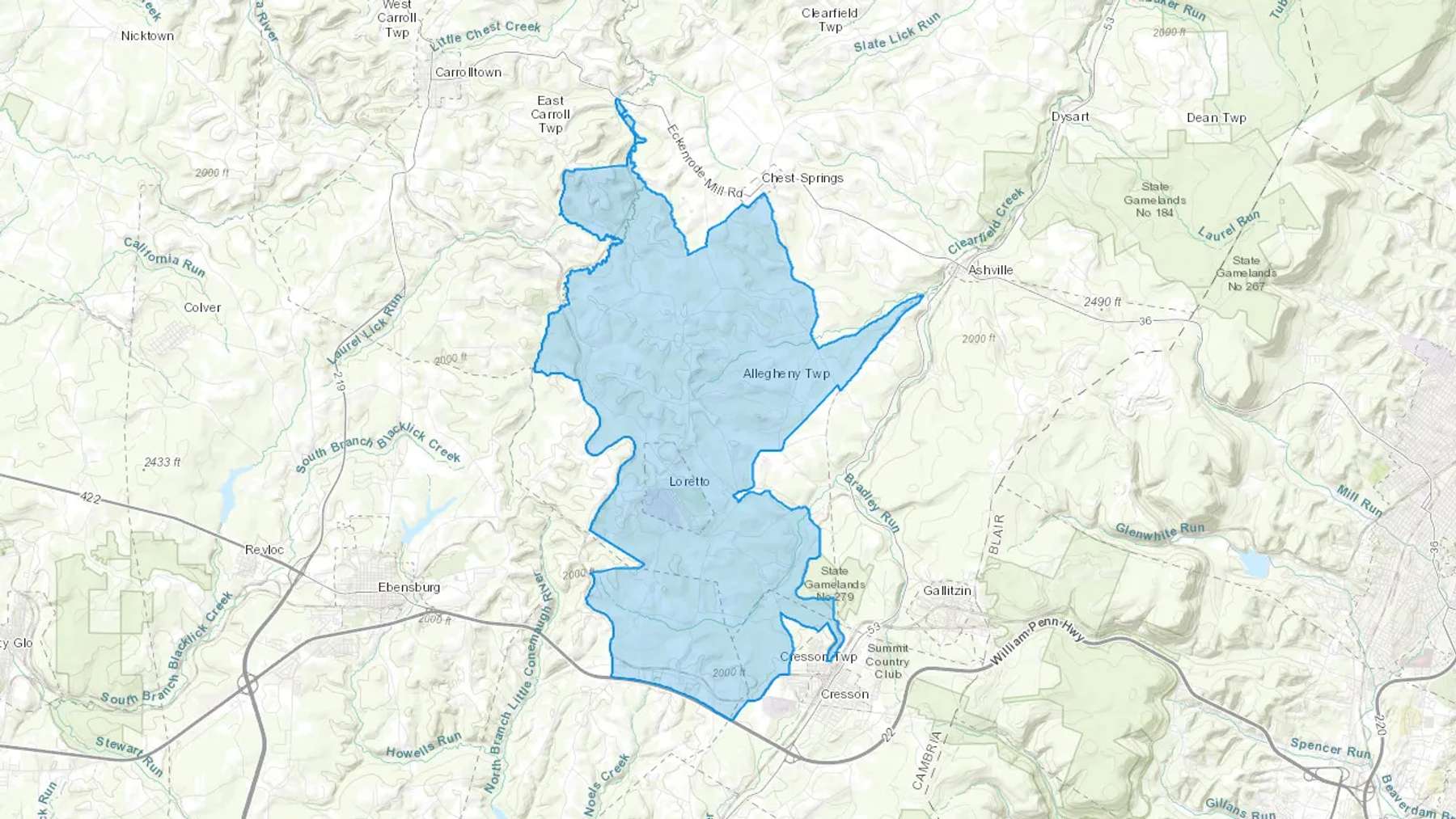 Loretto, PA Cash heating Oil delivery map Map of the COD Fuel Oil delivery service area for Loretto, PA