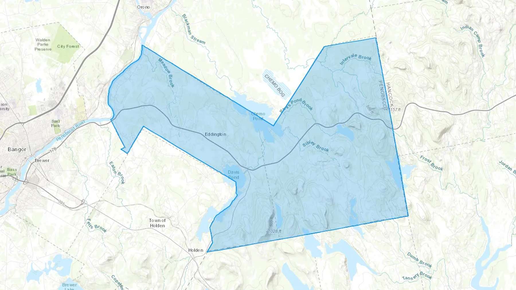 Eddington, ME Cash heating Oil delivery map Map of the COD Fuel Oil delivery service area for Eddington, ME