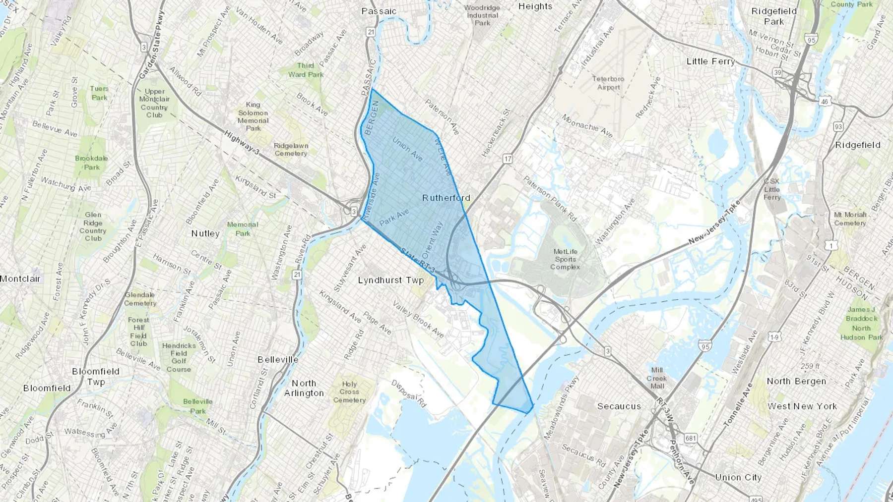 Rutherford, NJ Cash heating Oil delivery map Map of the COD Fuel Oil delivery service area for Rutherford, NJ