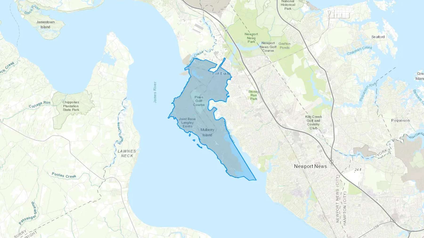 Fort Eustis, VA Cash heating Oil delivery map Map of the COD Fuel Oil delivery service area for Fort Eustis, VA