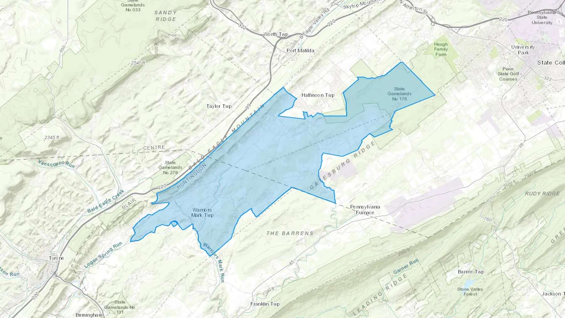 Warriors Mark, PA Cash heating Oil delivery map Map of the COD Fuel Oil delivery service area for Warriors Mark, PA