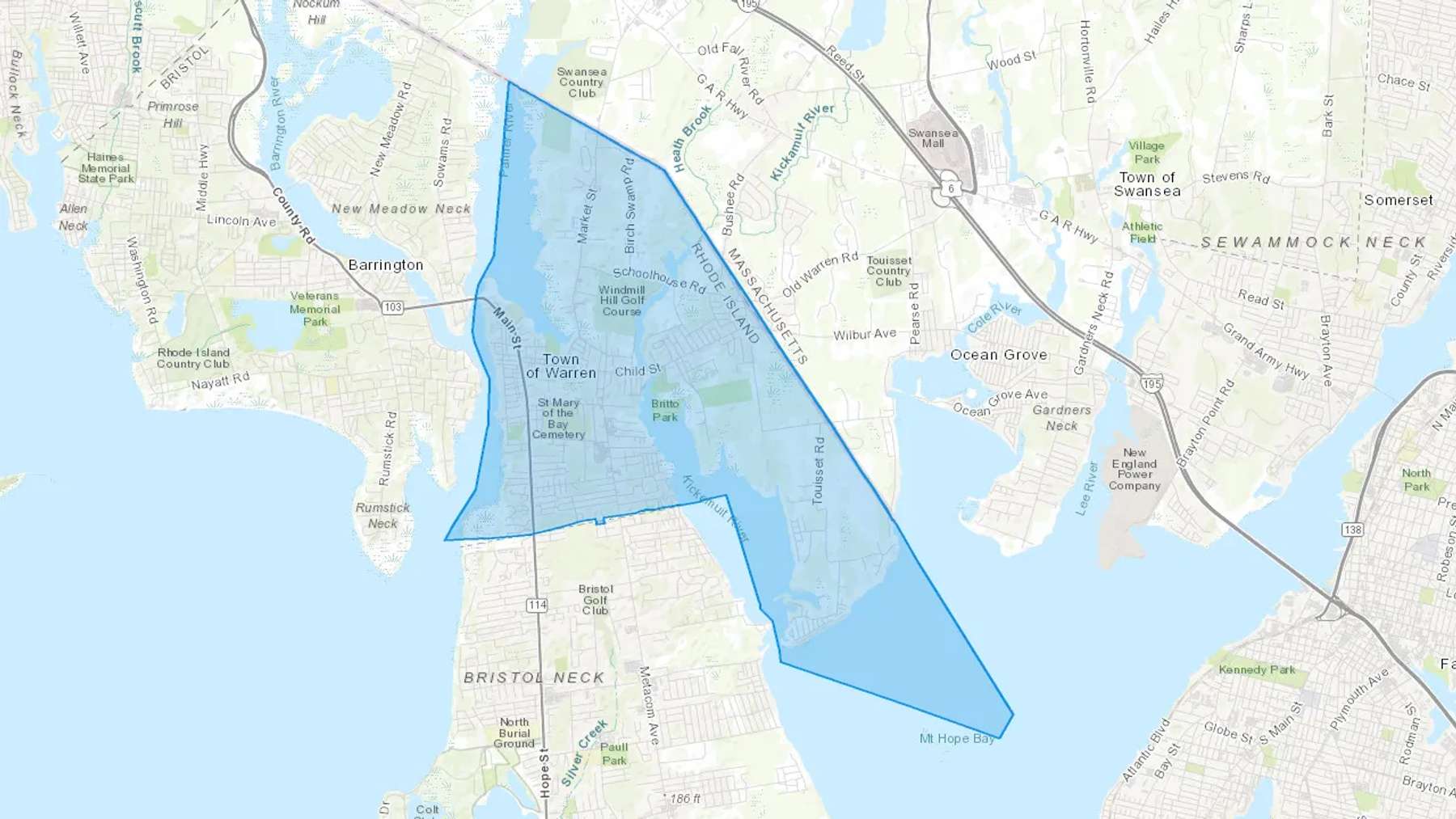 Warren, RI Cash heating Oil delivery map Map of the COD Fuel Oil delivery service area for Warren, RI