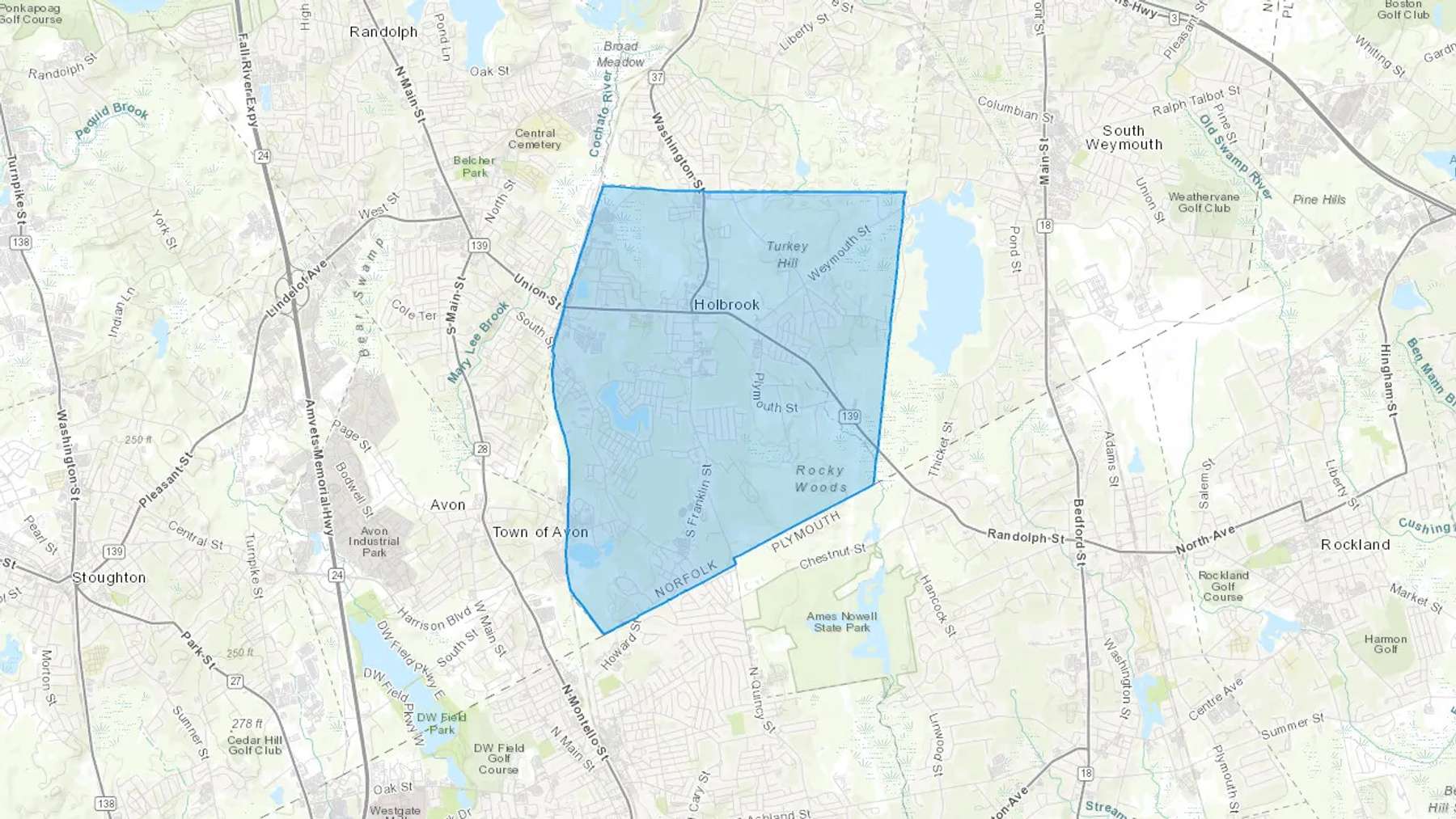 Holbrook, MA Cash heating Oil delivery map Map of the COD Fuel Oil delivery service area for Holbrook, MA