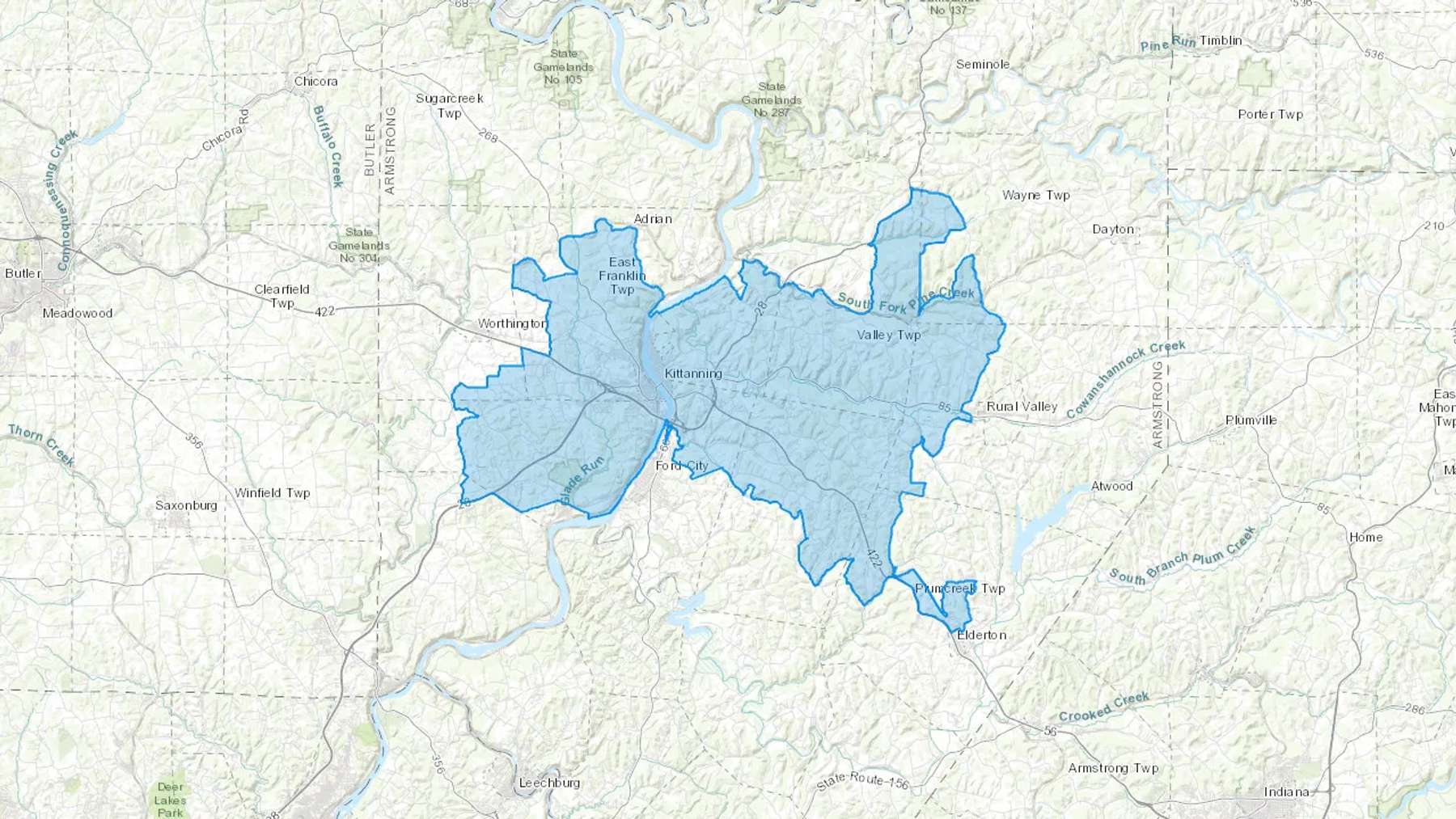 Kittanning, PA Cash heating Oil delivery map Map of the COD Fuel Oil delivery service area for Kittanning, PA