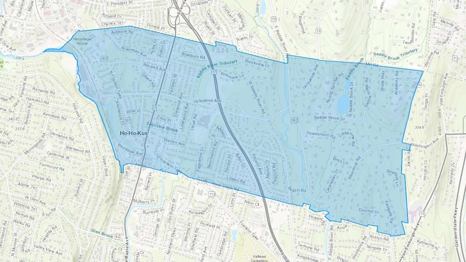 Ho Ho Kus, NJ Cash heating Oil delivery map Map of the COD Fuel Oil delivery service area for Ho Ho Kus, NJ