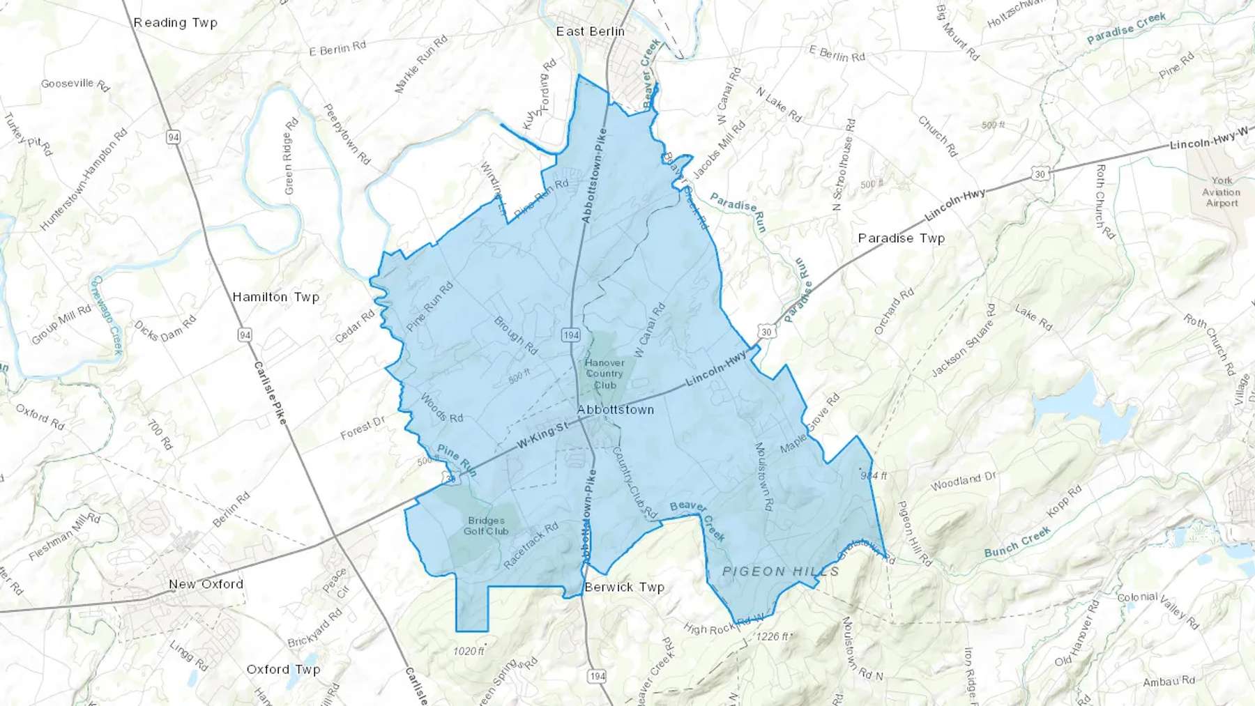 Abbottstown, PA Cash heating Oil delivery map Map of the COD Fuel Oil delivery service area for Abbottstown, PA