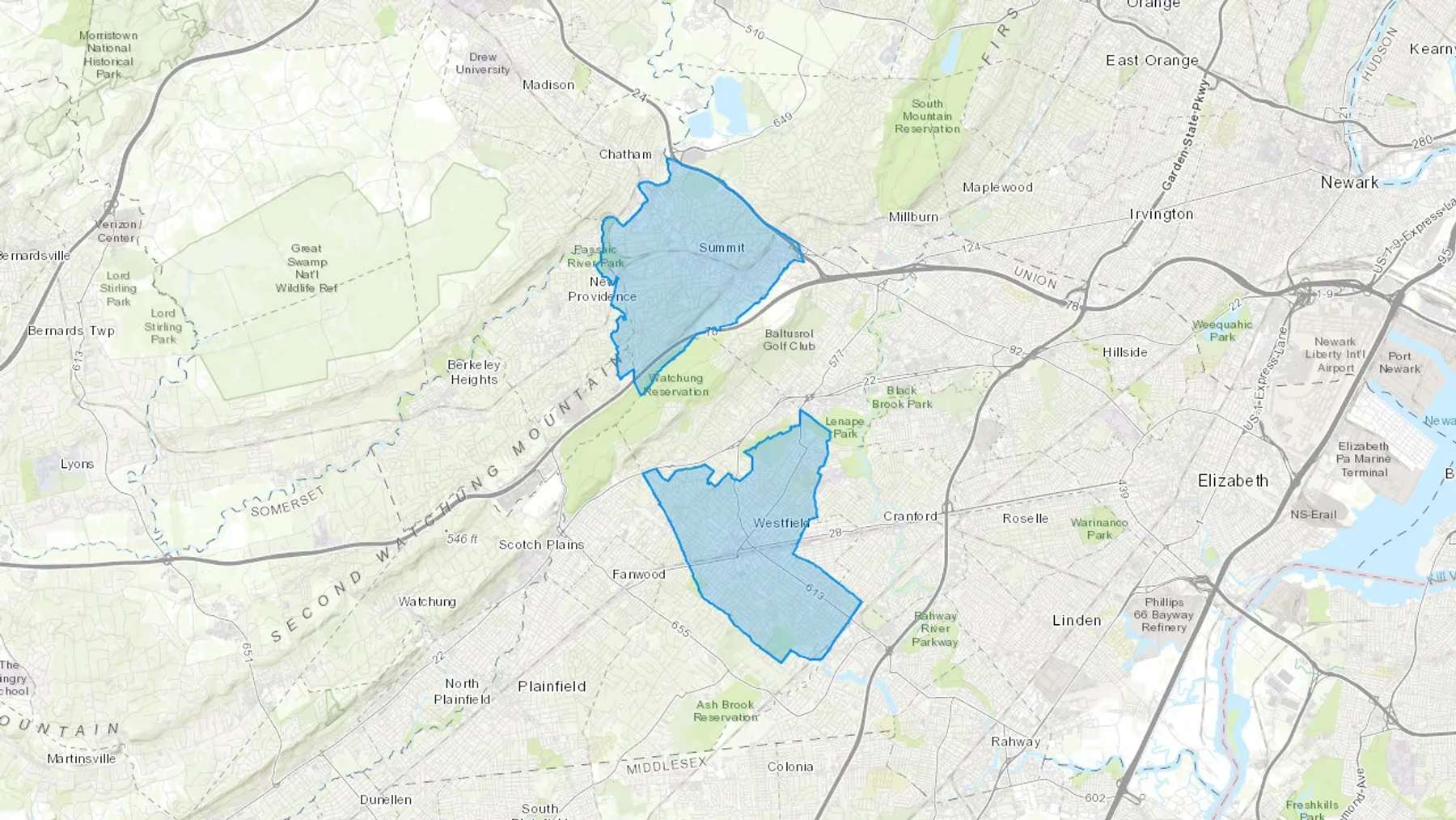 Westfield, NJ Cash heating Oil delivery map Map of the COD Fuel Oil delivery service area for Westfield, NJ